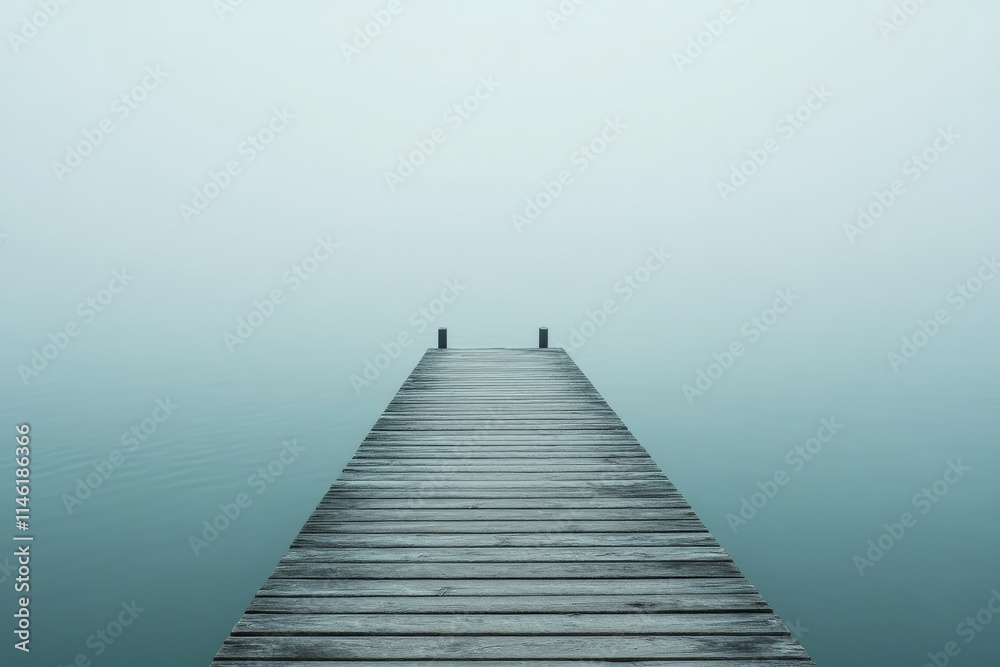 A lone pier stretches out over still, fog-covered water, creating a serene and mysterious atmosphere as if disappearing into infinity on a foggy day. A lone pier stretches out over still, fog-covered water, creating a serene and mysterious atmosphere as if disappearing into infinity on a foggy day.