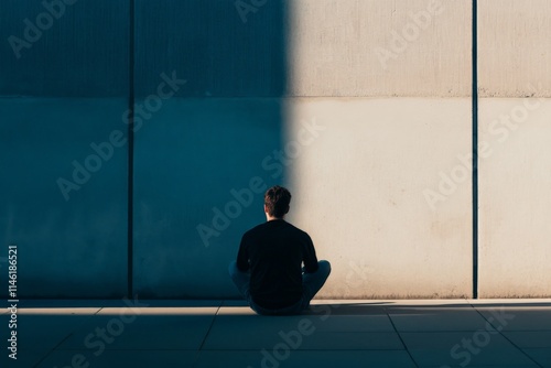 A man sits against a concrete wall, half in shadow and half in light, symbolizing introspection and duality in a solitary and contemplative urban setting.