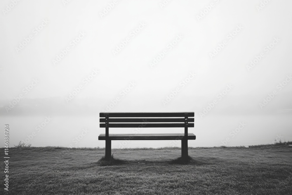 A solitary bench sits on the grassy edge of a fog-covered body of water, evoking a sense of solitude and reflection in this minimalistic landscape photograph. A solitary bench sits on the grassy edge of a fog-covered body of water, evoking a sense of solitude and reflection in this minimalistic landscape photograph.