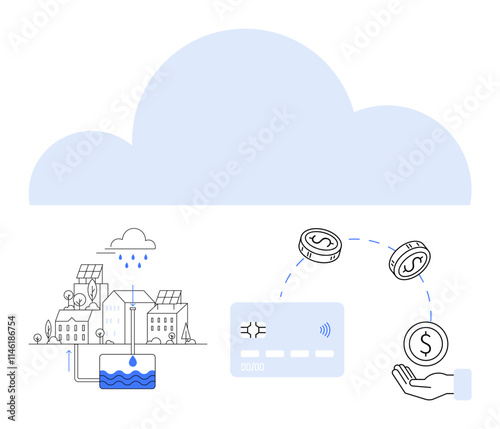 Smart city infrastructure with rainwater harvesting and renewable energy, digital card for financial transactions, and cloud support. Ideal for technology, fintech, smart cities, sustainability