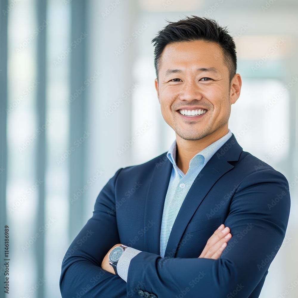 Confident young businessman smiling in modern office environment Confident young businessman smiling in modern office environment