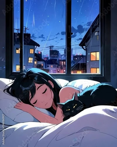anime girl sleeping, lofi, rain, rainy, 4K resolution, peaceful, plant, night, sound, music, 4K Lofi Japanese Anime-style background animation video, anime lofi girl, lofi animation	

