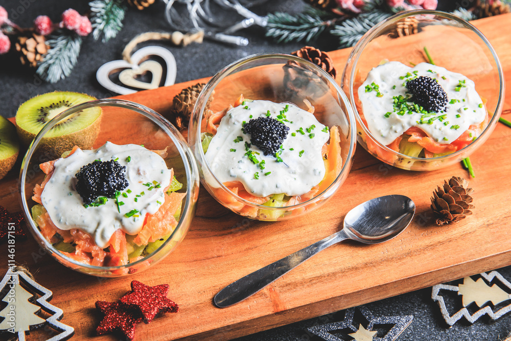 Kiwi salmon cream cheese and lumpfish roe verrine in studio