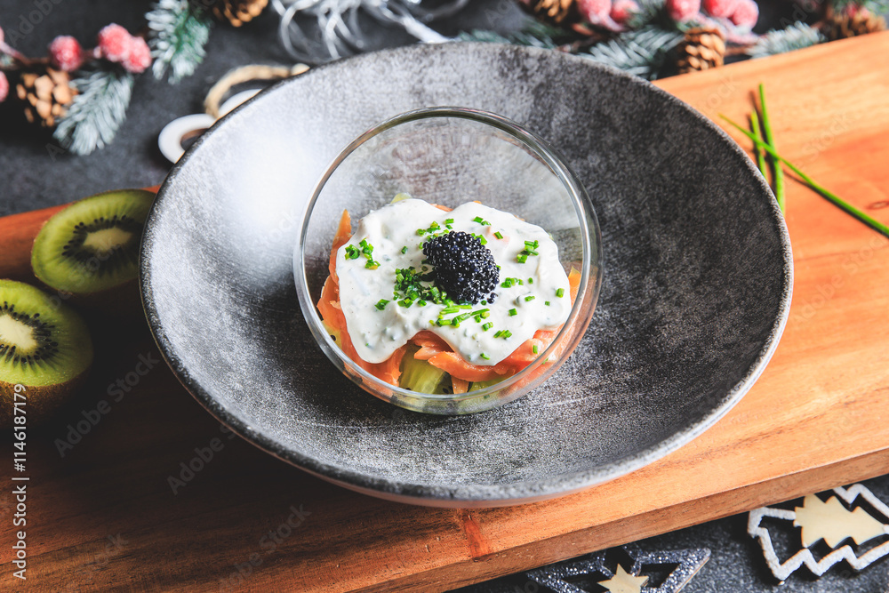 Kiwi salmon cream cheese and lumpfish roe verrine in studio