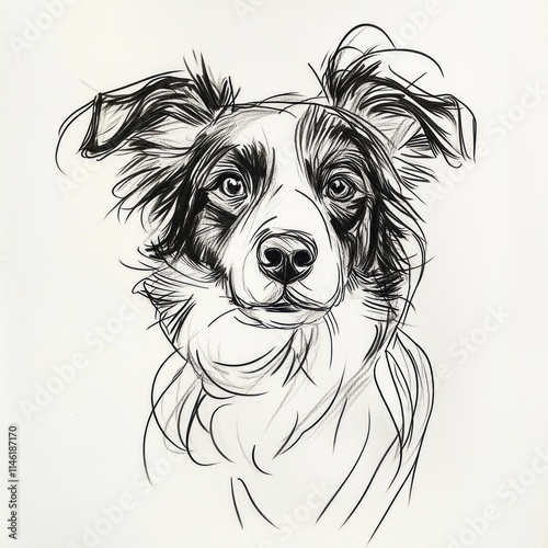 Black and white sketch of border collie with intense expression