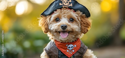 Adorable puppy in pirate costume, happy expression, outdoors. photo