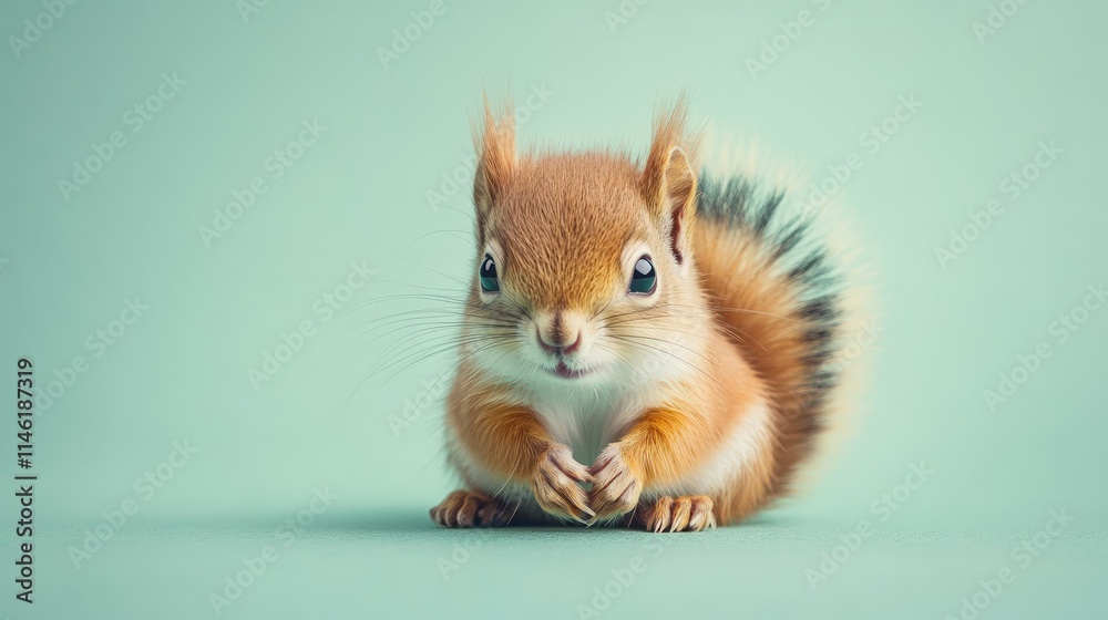 Adorable red squirrel sitting on a light teal background. Adorable red squirrel sitting on a light teal background.