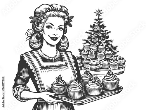 Mrs Claus in festive outfit, smiling and holding tray of Christmas cupcakes with holly, holiday joy sketch engraving generative ai vector illustration. Scratch board imitation. Black and white image
