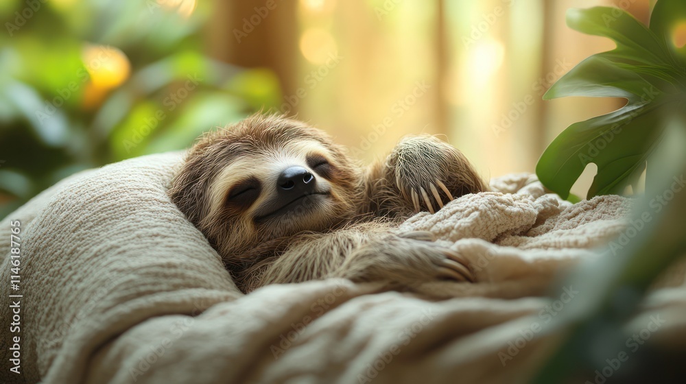 Naklejka premium Adorable sloth sleeping peacefully on a cozy bed amongst lush foliage.