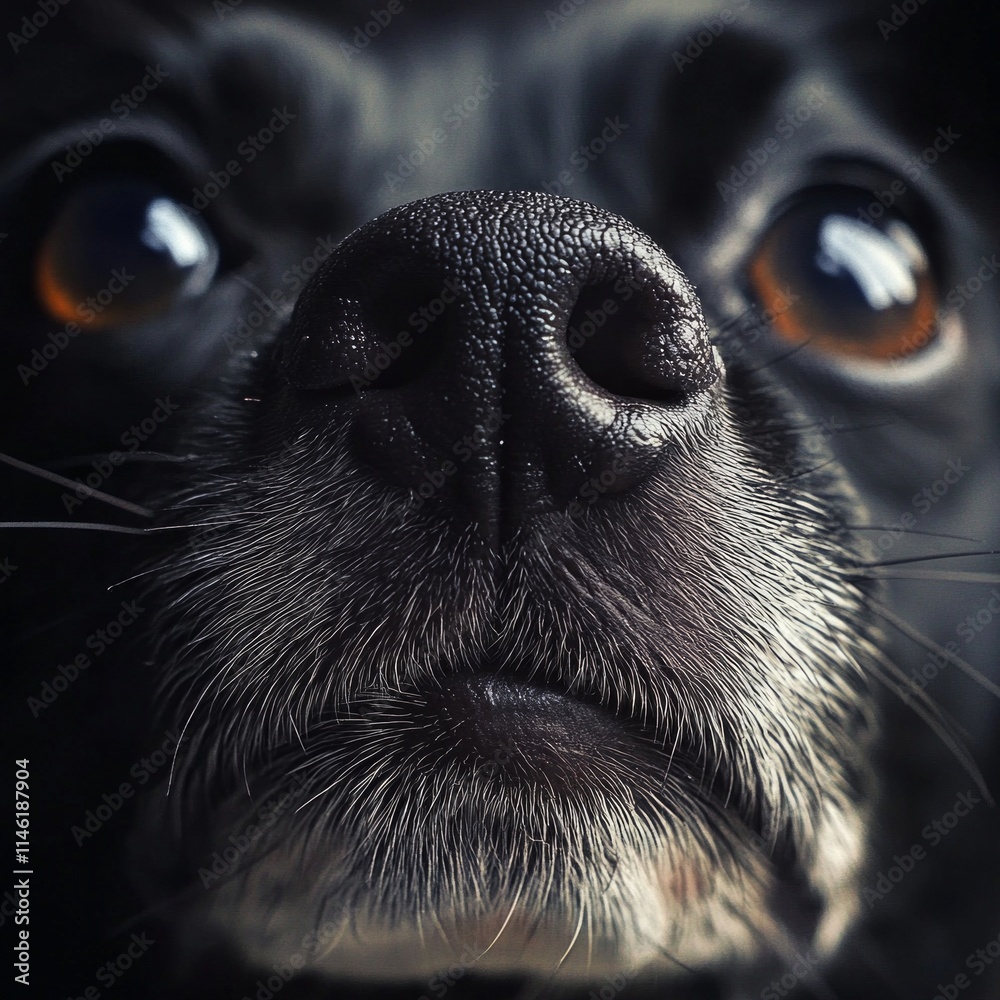 Close-up of a black dog's snout with shiny eyes Close-up of a black dog's snout with shiny eyes