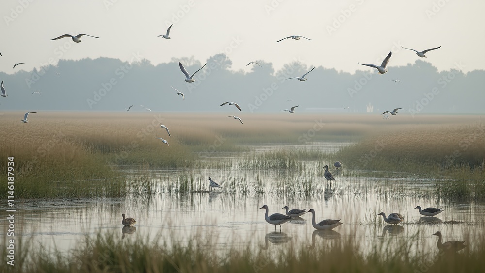 Birds in Misty Wetlands at Dawn. Birds in Misty Wetlands at Dawn.