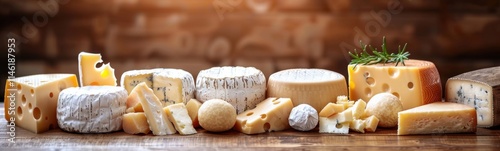 Many different types of cheese on the table, food background, banner, copy space photo