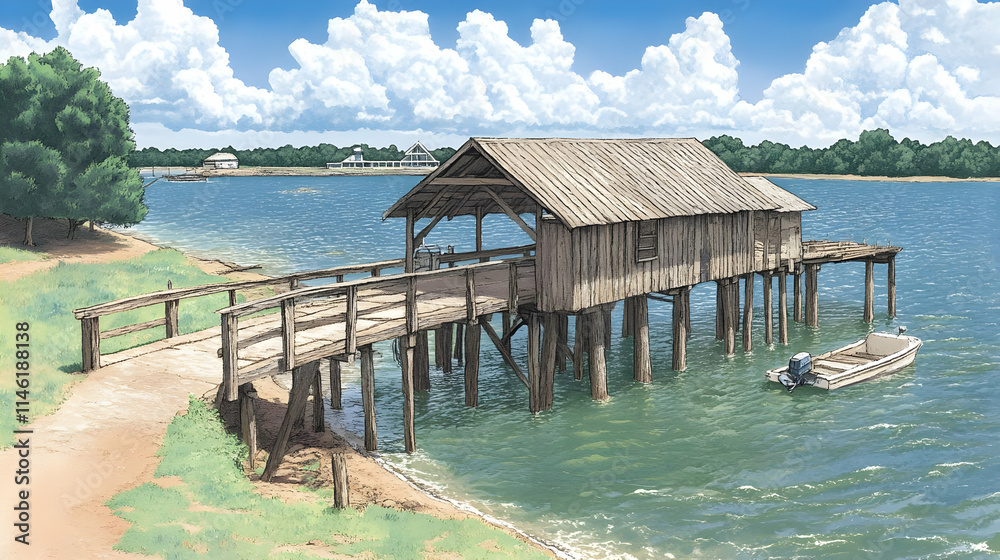 Lake House Illustration Wooden Pier Summer Lake House Illustration Wooden Pier Summer