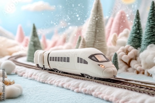 A milky white plush train speeds along a track surrounded by a delicate hand-woven landscape, featuring fluffy cotton snow and colorful pine trees under a soft sky photo