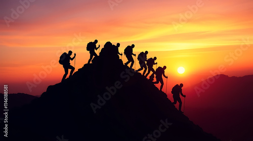 Silhouette of People Hiking on Mountains: Teamwork and Collaboration Concept