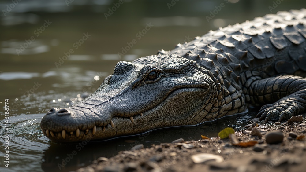 Fototapeta premium Crocodile Resting on Riverbank in Soft Light.