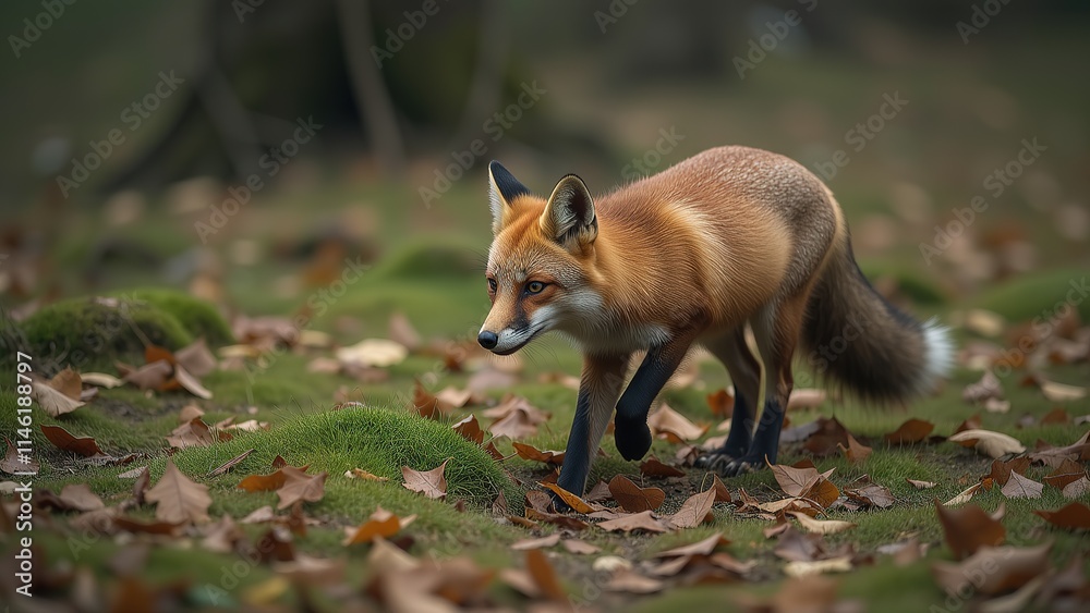 Fox Walking on Mossy Forest Floor in Autumn. Fox Walking on Mossy Forest Floor in Autumn.