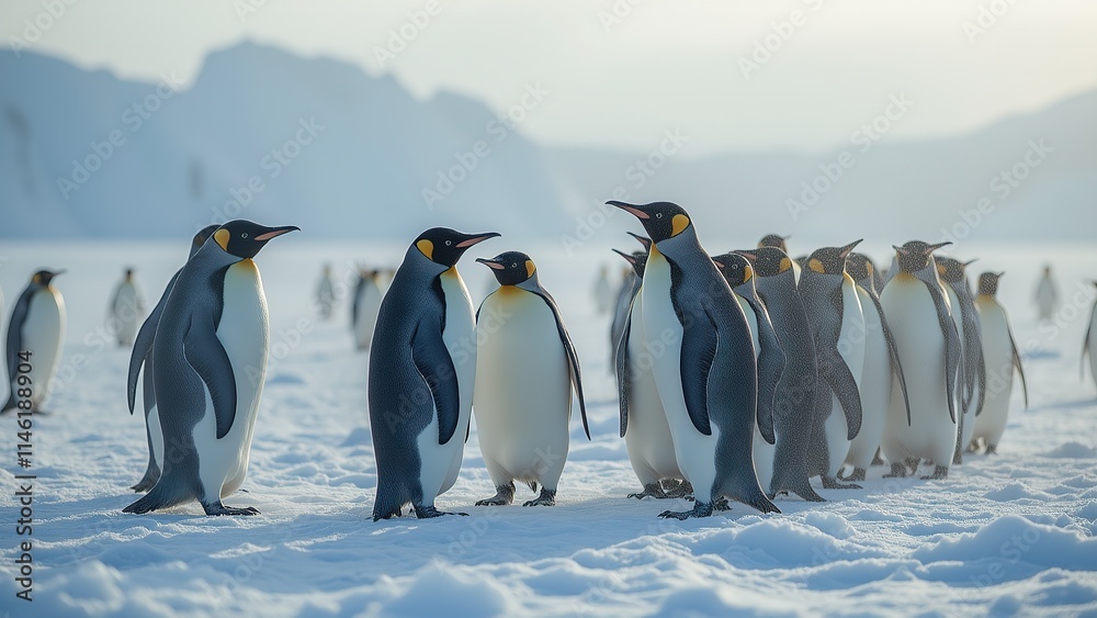 Fototapeta premium Emperor Penguins Socializing on Antarctic Ice.