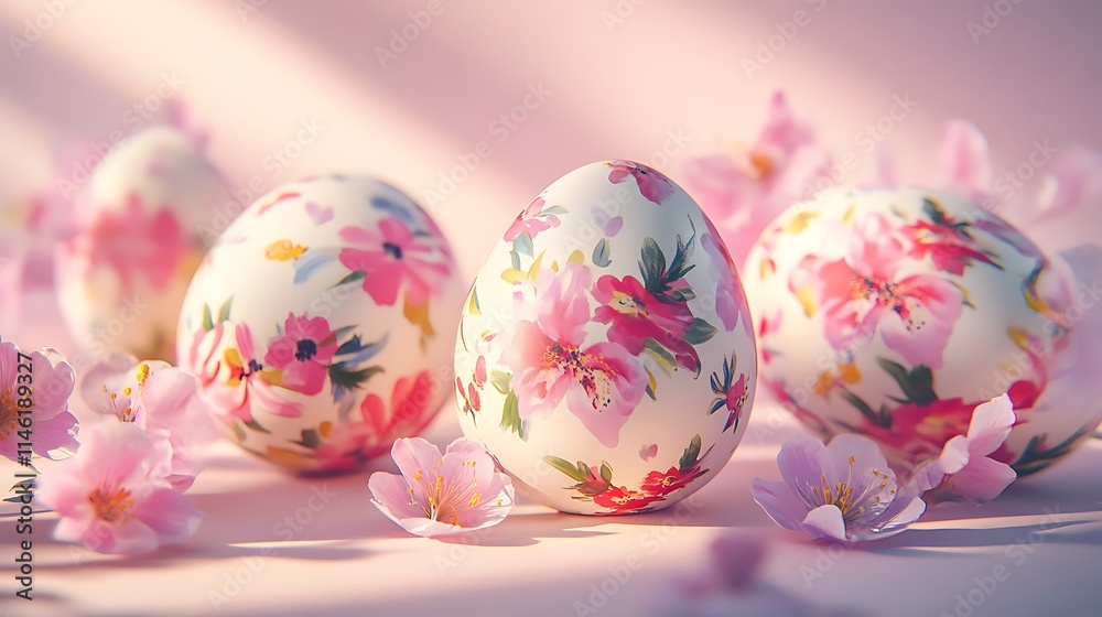 Fototapeta premium Beautifully arranged Easter eggs with vivid floral decorations, set against a soft pastel background with gentle lighting and shadows