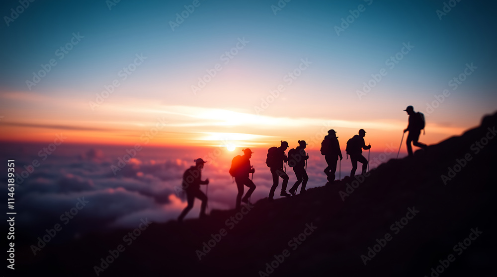 Silhouette of People Hiking on Mountains: Teamwork and Collaboration Concept Silhouette of People Hiking on Mountains: Teamwork and Collaboration Concept