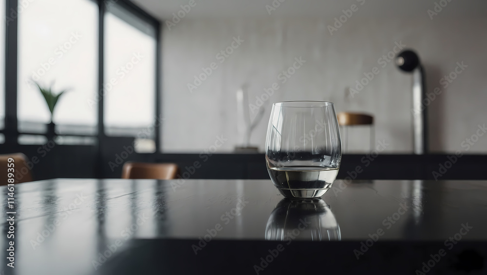 A partially filled glass of water sits on a dark, reflective table. The background is blurred, showing a modern interior with large windows and minimalist decor. A partially filled glass of water sits on a dark, reflective table. The background is blurred, showing a modern interior with large windows and minimalist decor.