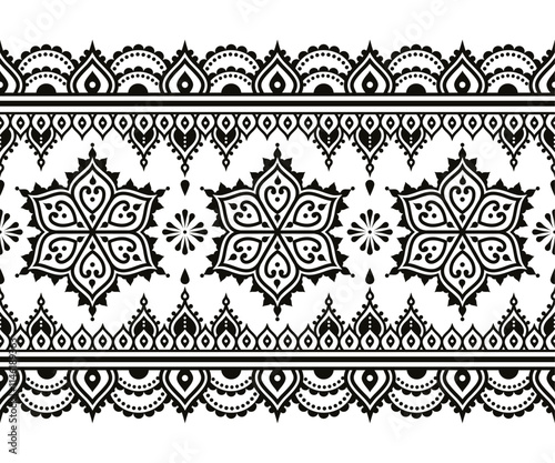 Indian Mehndi tattoo style inspired vector seamless pattern in black and white - decorative boho style