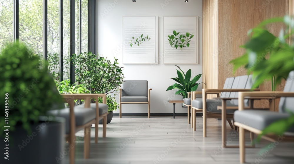 Office Waiting Room with Grey Furniture and Greenery Office Waiting Room with Grey Furniture and Greenery