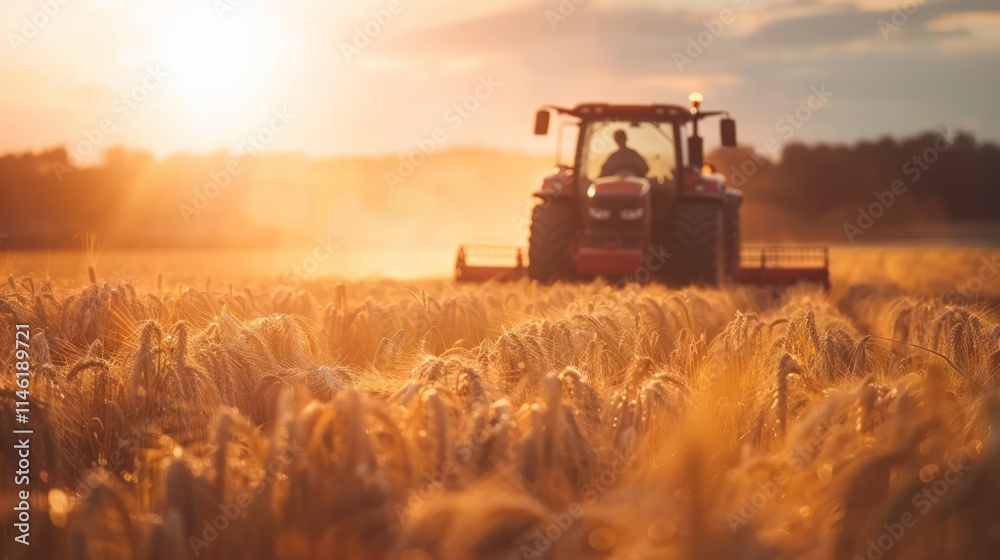 Tractor drives by collecting wheat harvest in the field at sunset, AI generated image Tractor drives by collecting wheat harvest in the field at sunset, AI generated image