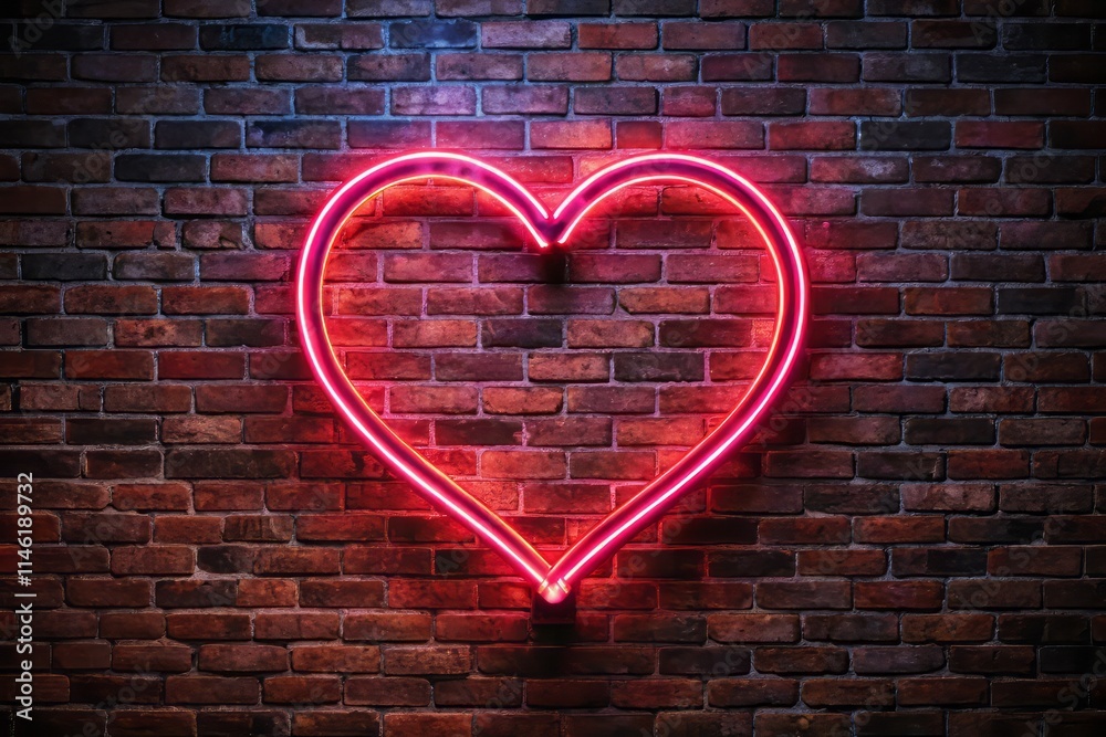 Neon Heart Sign: Bird's Eye View Dark Brick Wall Background - Glowing Light Neon Heart Sign: Bird's Eye View Dark Brick Wall Background - Glowing Light