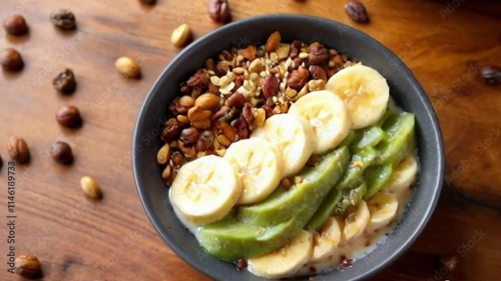 A banana smoothie bowl topped with fruit, granola, and nuts sitting brightly on a polished wooden table A banana smoothie bowl topped with fruit, granola, and nuts sitting brightly on a polished wooden table