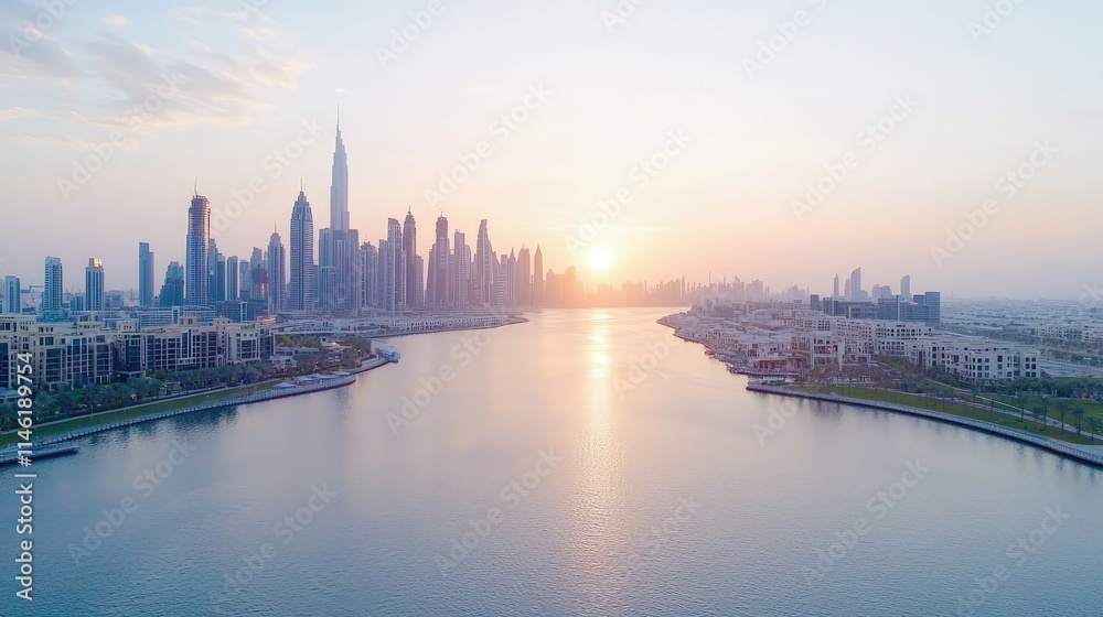 Fototapeta premium Sunrise over Dubai's skyline and waterfront.