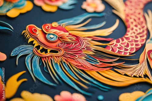 Intricate Paper Cut Dragon Art with Vibrant Colors and Floral Elements Showcasing Traditional Craftsmanship and Cultural Significance in Artistry photo