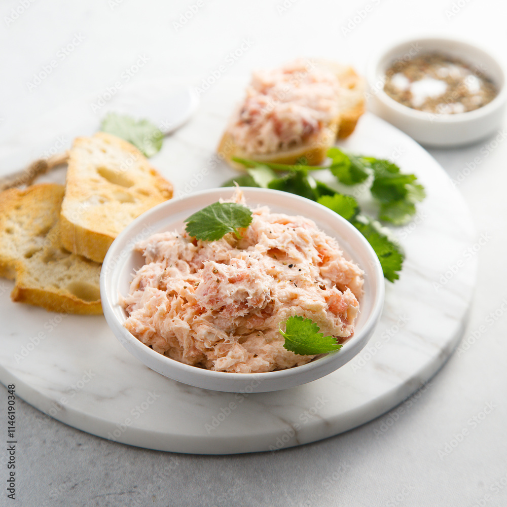 Homemade salmon rillettes served with bread Homemade salmon rillettes served with bread