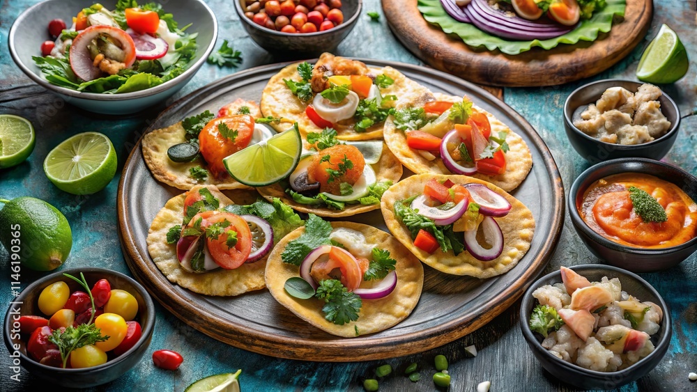 A vibrant array of savory mini-tacos, adorned with fresh herbs and colorful vegetables, served alongside assorted dips and side salads on a rustic wooden board. A vibrant array of savory mini-tacos, adorned with fresh herbs and colorful vegetables, served alongside assorted dips and side salads on a rustic wooden board.