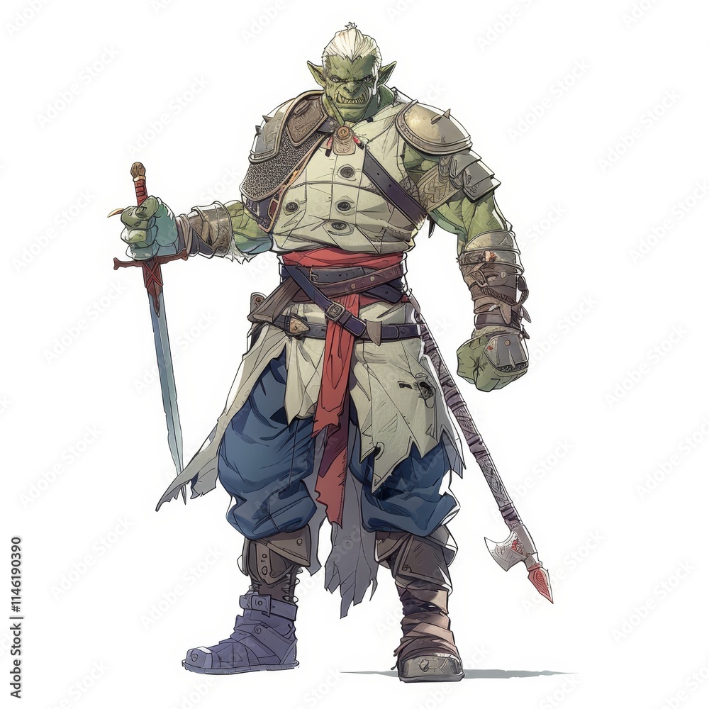 A green-skinned humanoid warrior with white hair, wearing armor and holding a sword and an axe. A green-skinned humanoid warrior with white hair, wearing armor and holding a sword and an axe.