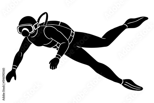 A scuba diver underwater flat vector art silhouette on white background