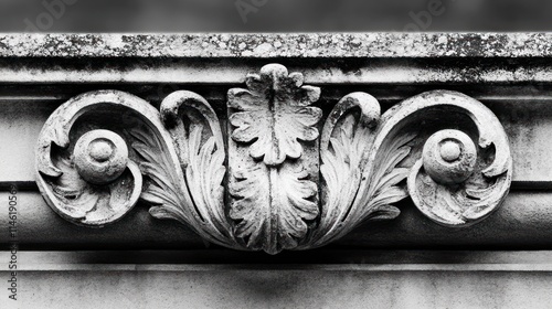 Architectural Detail: A Black and White Close-up of Intricate Stone Carving photo