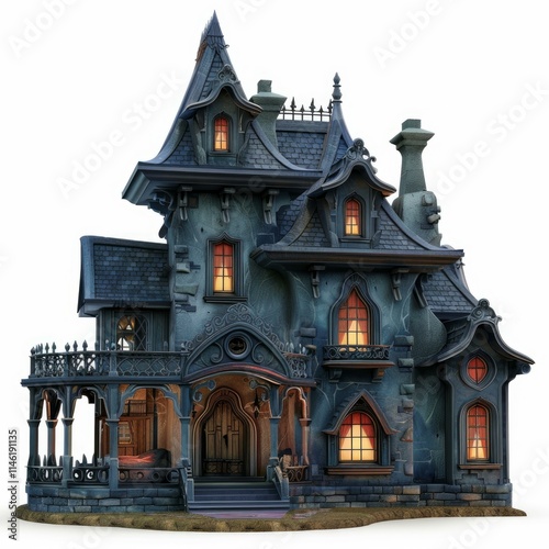 Spooky victorian haunted house with glowing windows illuminating the night, creating a mysterious and eerie atmosphere