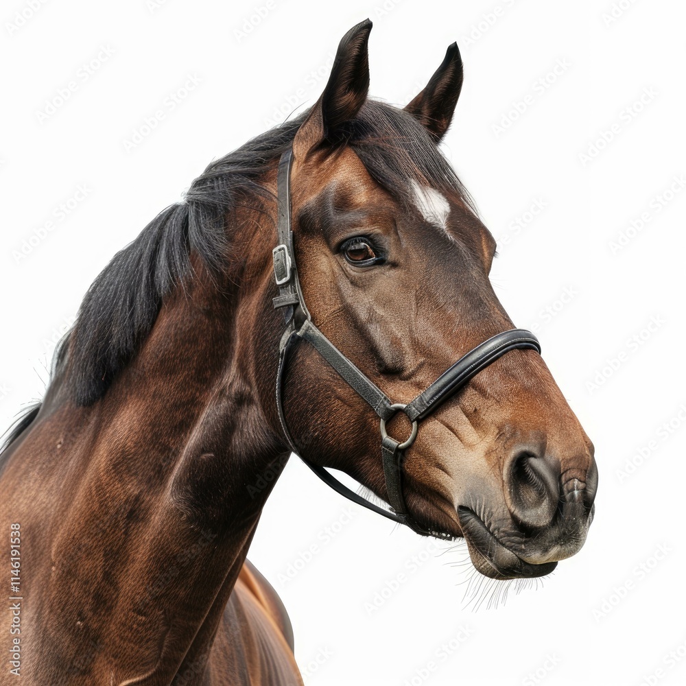 Bay horse wearing a bridle, looking forward, isolated on white background Bay horse wearing a bridle, looking forward, isolated on white background