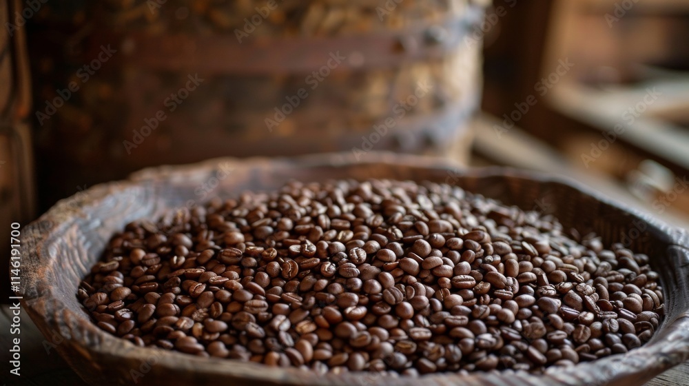 Coffee beans in a rustic wooden bowl with a soft background Coffee beans in a rustic wooden bowl with a soft background