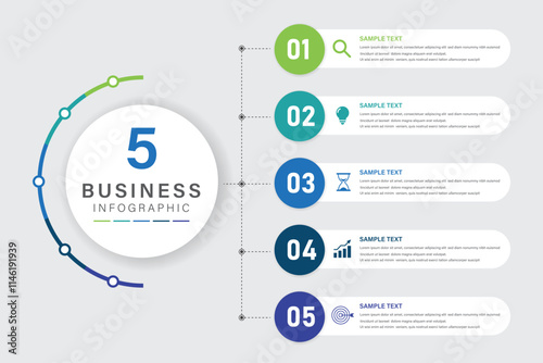 Vector infographic label design with circle infographic template design and 5 options or steps. Can be used for process diagram, presentations, workflow layout, banner, flow chart, info graph.