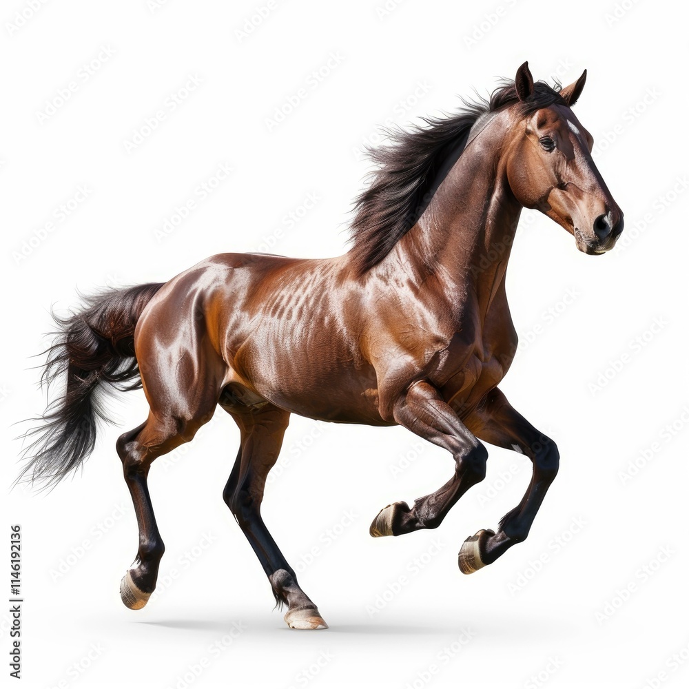 Powerful bay horse running with flowing mane and tail isolated on white Powerful bay horse running with flowing mane and tail isolated on white