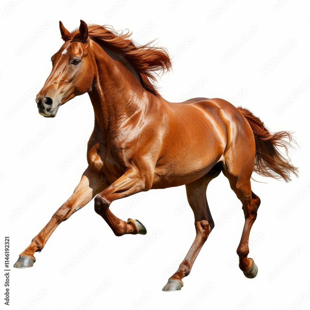Powerful chestnut horse running with flowing mane and tail, isolated on white Powerful chestnut horse running with flowing mane and tail, isolated on white