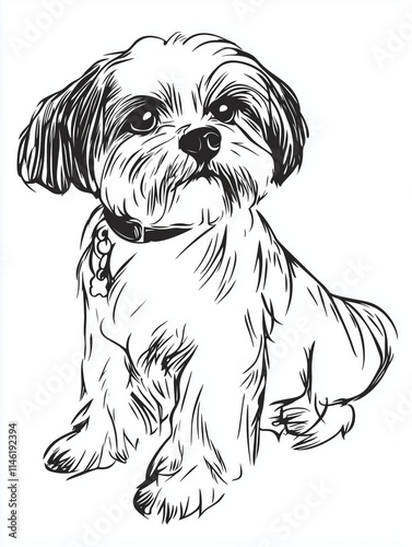 Black and white sketch of shih tzu dog with collar and tag