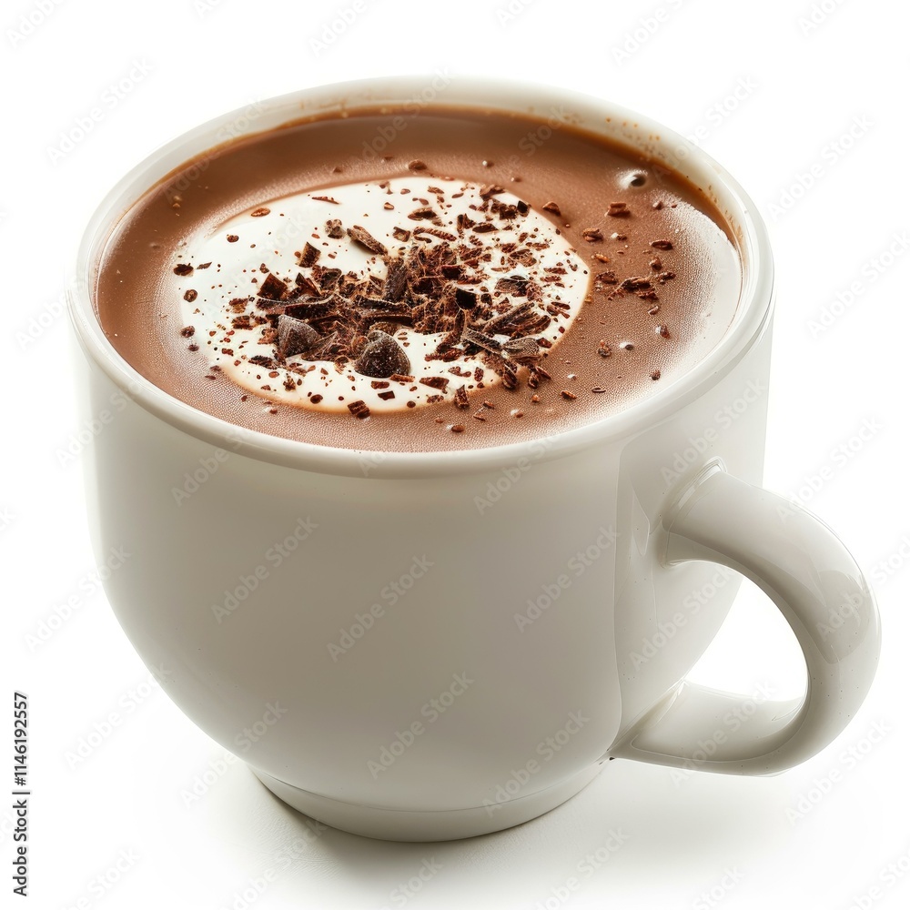 Steaming mug of hot chocolate topped with whipped cream and chocolate shavings, creating a decadent winter treat Steaming mug of hot chocolate topped with whipped cream and chocolate shavings, creating a decadent winter treat