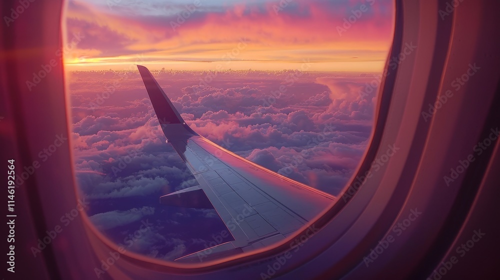 Airplane wing view from window at sunset above clouds. Airplane wing view from window at sunset above clouds.