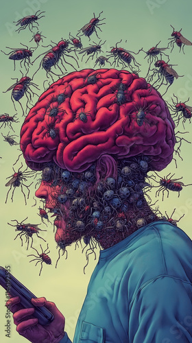 Man with brain rot surrounded by insects, consumed by digital distraction photo