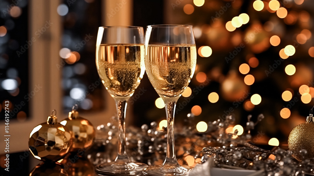 Champagne in elegant glasses on a holiday table decorated for New Year's Eve. Christmas tree with golden garland lights on background. Luxury party. Champagne in elegant glasses on a holiday table decorated for New Year's Eve. Christmas tree with golden garland lights on background. Luxury party.