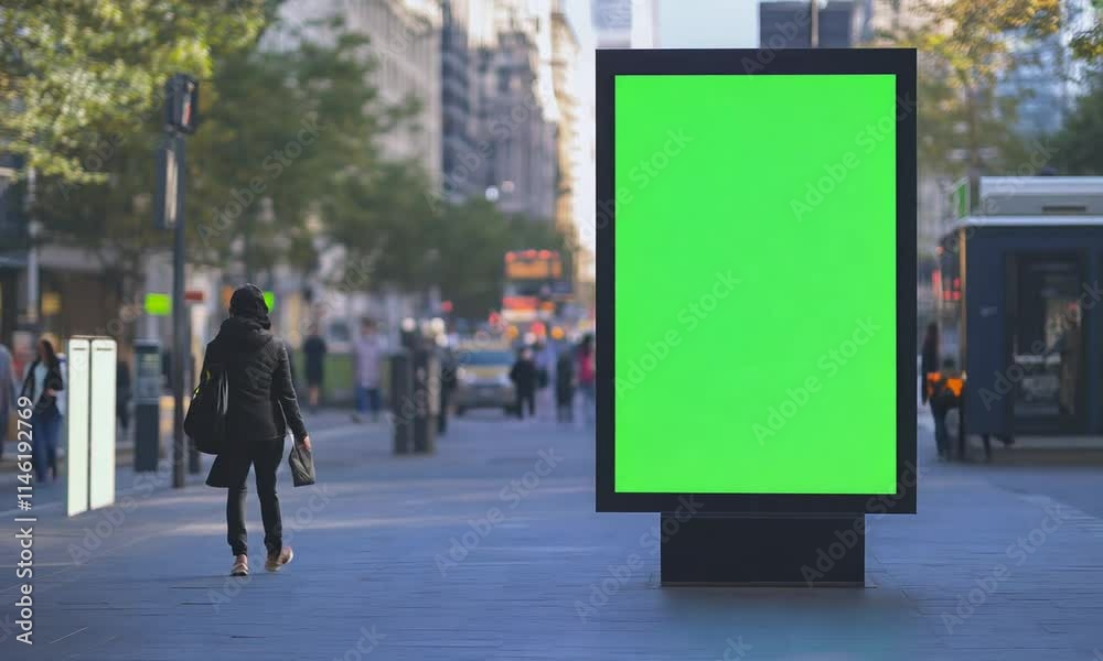 Green Screen Billboard in Urban Cityscape for Advertisement Placement – Perfect for Commercial, Marketing, or Digital Content Display in High-Traffic Area