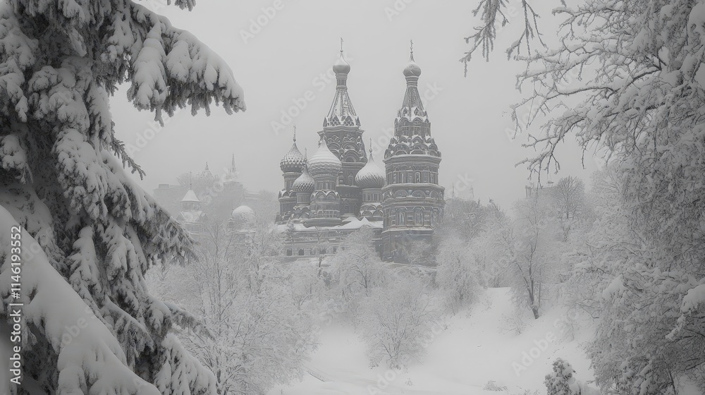 Snowy Landscape with Traditional Architecture in Winter Scene